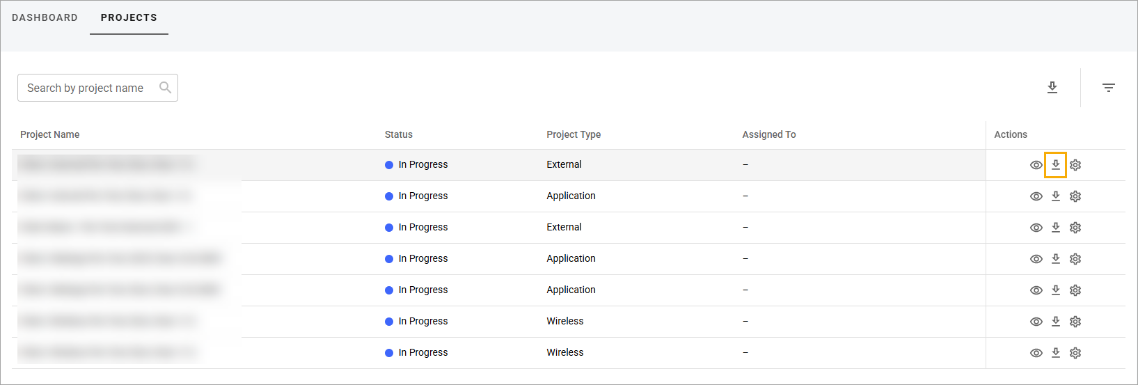 Download icon in the Actions column of the table